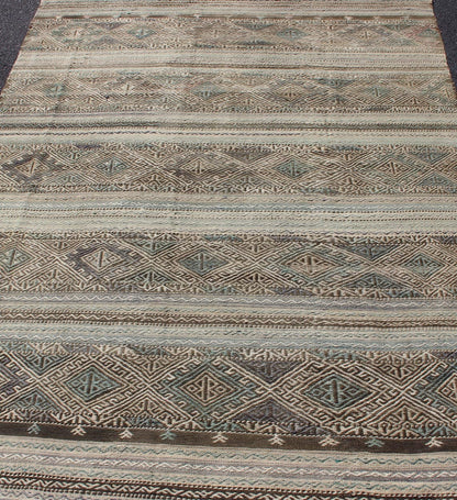Flat - Weave Turkish Vintage Kilim With Embroideries in Taupe, Green, Teal, Blue and Brown Vintage flat - weave Kilim with embroideries with a modern design in tan, brown, green and blue geometric stripe design Vintage Kilim from Turkey, Keivan W... - Keivan Woven ArtsEN - 179526 - 11737Rug