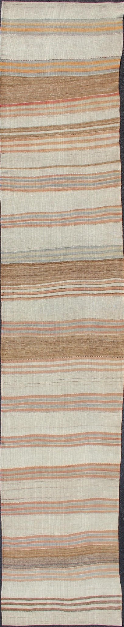 Minimalist Design Vintage Long Kilim Runner with Stripes in Brown & Coral. Vintage Turkish Kilim vintage long runner with modern/contemporary stripe design, rug EN - 179533, country of origin / type: Turkey / Kilim, circa 1950 This vintage fla... - Keivan Woven ArtsEN - 179533 - 11741