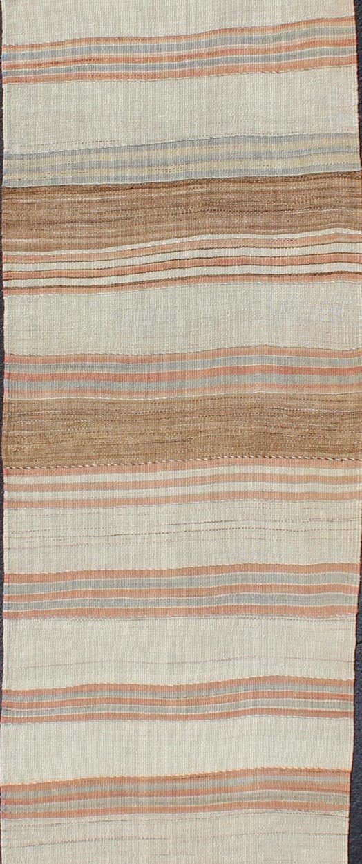 Minimalist Design Vintage Long Kilim Runner with Stripes in Brown & Coral. Vintage Turkish Kilim vintage long runner with modern/contemporary stripe design, rug EN - 179533, country of origin / type: Turkey / Kilim, circa 1950 This vintage fla... - Keivan Woven ArtsEN - 179533 - 11741Rug