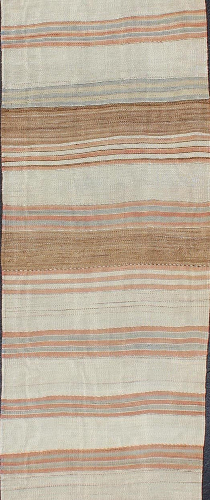 Minimalist Design Vintage Long Kilim Runner with Stripes in Brown & Coral. Vintage Turkish Kilim vintage long runner with modern/contemporary stripe design, rug EN - 179533, country of origin / type: Turkey / Kilim, circa 1950 This vintage fla... - Keivan Woven ArtsEN - 179533 - 11741Rug