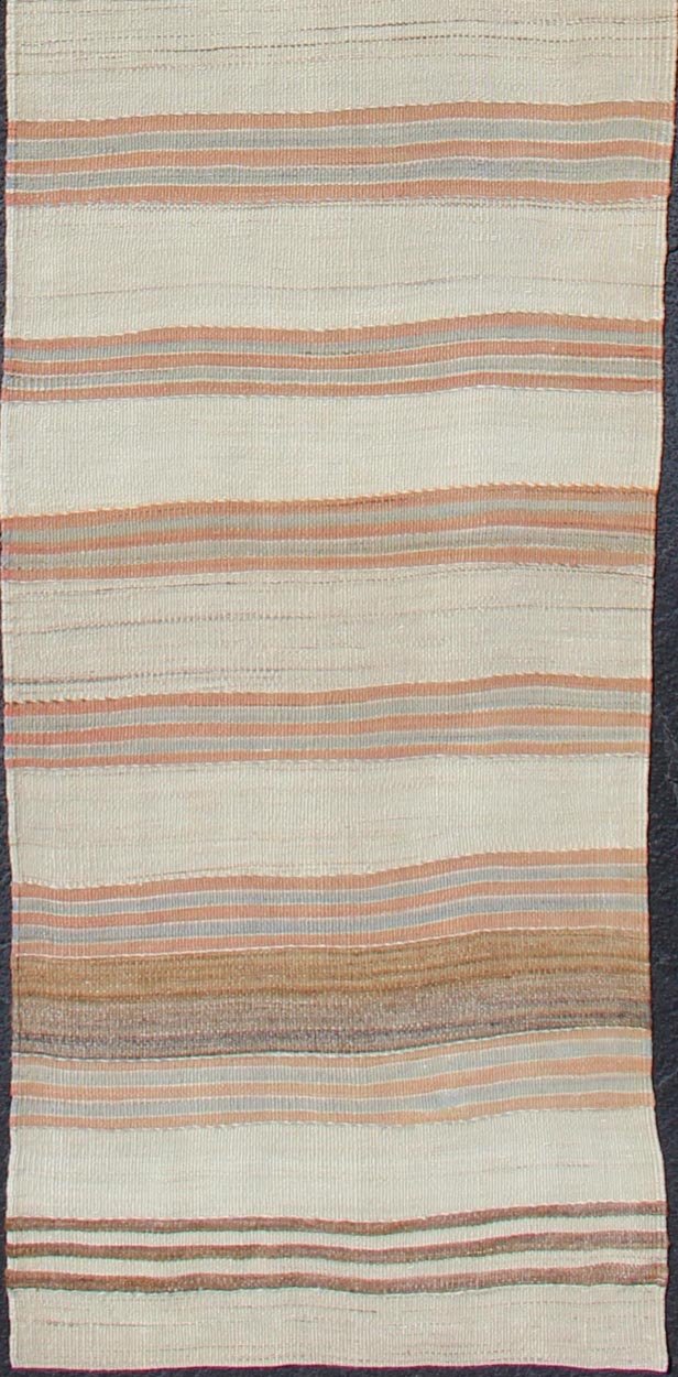 Minimalist Design Vintage Long Kilim Runner with Stripes in Brown & Coral. Vintage Turkish Kilim vintage long runner with modern/contemporary stripe design, rug EN - 179533, country of origin / type: Turkey / Kilim, circa 1950 This vintage fla... - Keivan Woven ArtsEN - 179533 - 11741Rug