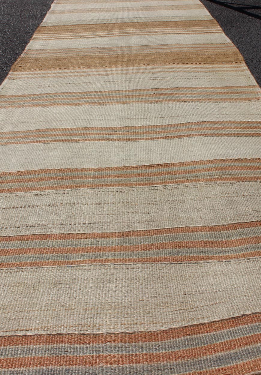 Minimalist Design Vintage Long Kilim Runner with Stripes in Brown & Coral. Vintage Turkish Kilim vintage long runner with modern/contemporary stripe design, rug EN - 179533, country of origin / type: Turkey / Kilim, circa 1950 This vintage fla... - Keivan Woven ArtsEN - 179533 - 11741Rug