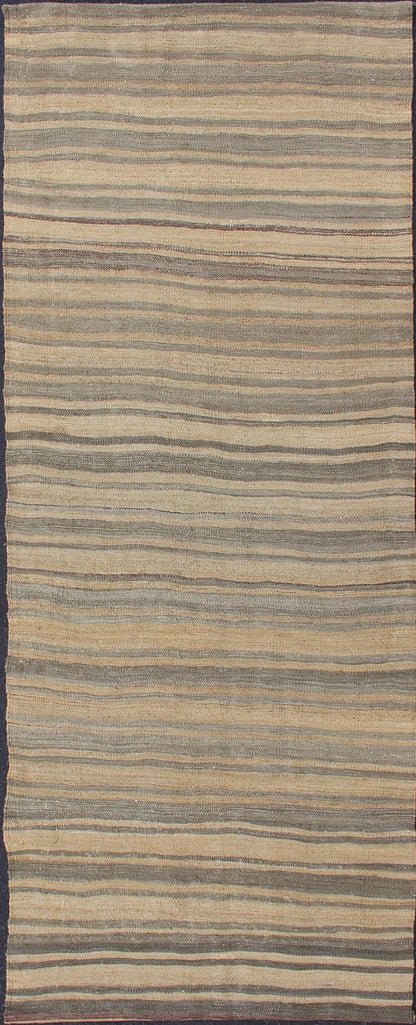 Vintage Hand Woven Turkish Kilim Runner With Stripes in Light Tan and Neutral Tones Stripe design Kilim runner in light brown, cream, tan, and taupe, Keivan Woven Arts / rug EN - 179538, country of origin / type: Turkey / Kilim, circa 1950 ... - Keivan Woven ArtsEN - 179538 - 12012Rug