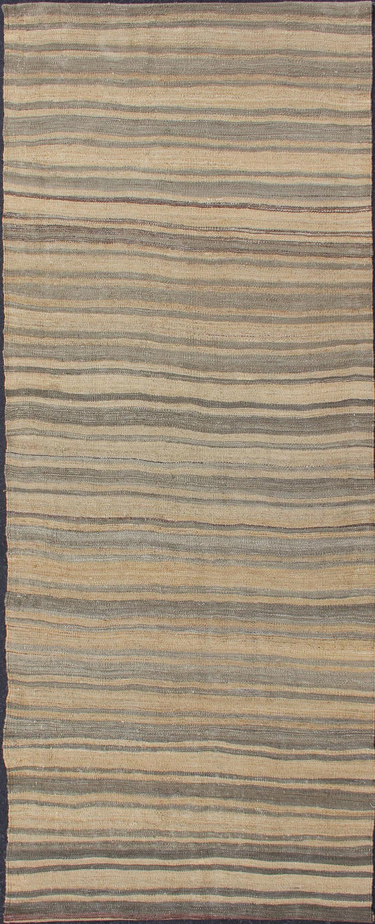 Vintage Hand Woven Turkish Kilim Runner With Stripes in Light Tan and Neutral Tones Stripe design Kilim runner in light brown, cream, tan, and taupe, Keivan Woven Arts / rug EN - 179538, country of origin / type: Turkey / Kilim, circa 1950 ... - Keivan Woven ArtsEN - 179538 - 12012Rug
