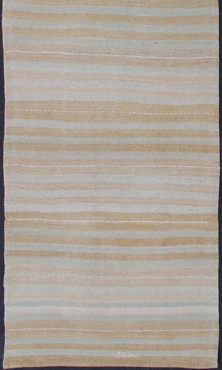 Vintage Turkish Kilim Runner with Stripes in Light Taupe and Neutral Tones Stripe design Kilim runner in cream, light blue, light brown, light green, taupe, and butter yellow tones rug EN - 179539, country of origin / type: Turkey / Kilim, circa 1950... - Keivan Woven ArtsEN - 179539 - 12018Rug