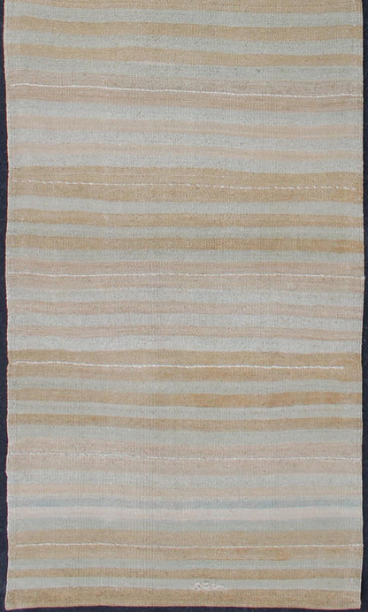 Vintage Turkish Kilim Runner with Stripes in Light Taupe and Neutral Tones Stripe design Kilim runner in cream, light blue, light brown, light green, taupe, and butter yellow tones rug EN - 179539, country of origin / type: Turkey / Kilim, circa 1950... - Keivan Woven ArtsEN - 179539 - 12018Rug