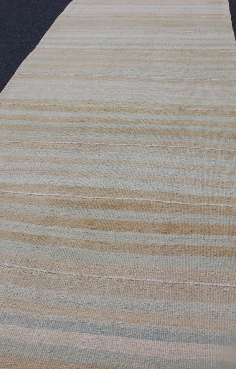 Vintage Turkish Kilim Runner with Stripes in Light Taupe and Neutral Tones Stripe design Kilim runner in cream, light blue, light brown, light green, taupe, and butter yellow tones rug EN - 179539, country of origin / type: Turkey / Kilim, circa 1950... - Keivan Woven ArtsEN - 179539 - 12018Rug
