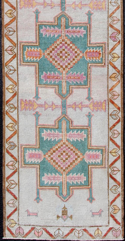 Cream Color Vintage Turkish Oushak Runner with Repeating Geometric Design Colorful vintage Turkish oushak runner with repeating medallion geometric design in teal color design and cream background, rug/EN - 179543, Keivan Woven Arts / country of o... - Keivan Woven ArtsEN - 179543 - 12697Rug