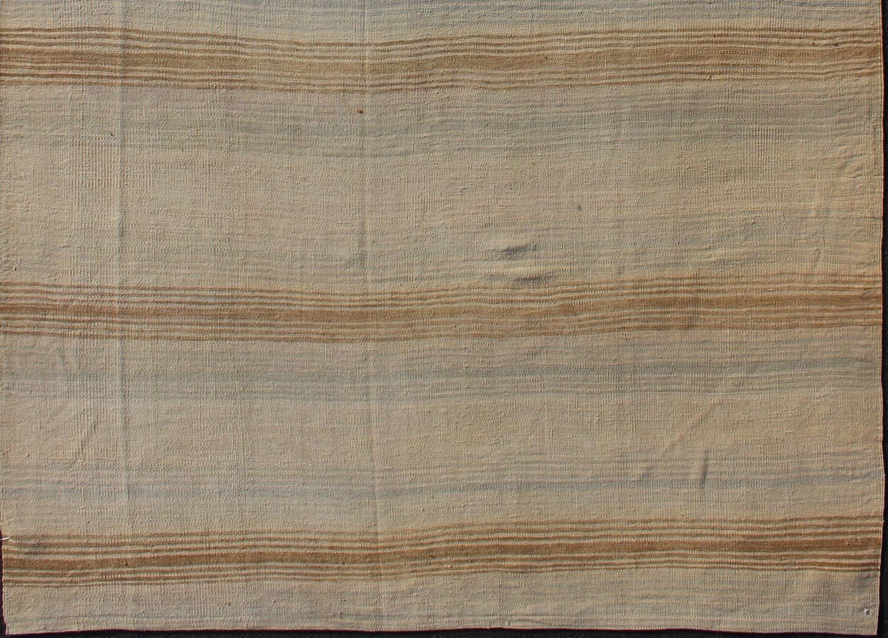 Turkish Vintage Kilim Rug with in Tan, Taupe, Brown, Gray Blue, and Earth Tones. Minimalist stripe design vintage Kilim from Turkey, rug EN - 179550, country of origin / type: Turkey / Kilim, circa 1950 This vintage flat - woven Kilim runner fea... - Keivan Woven ArtsEN - 179550 - 12407Rug