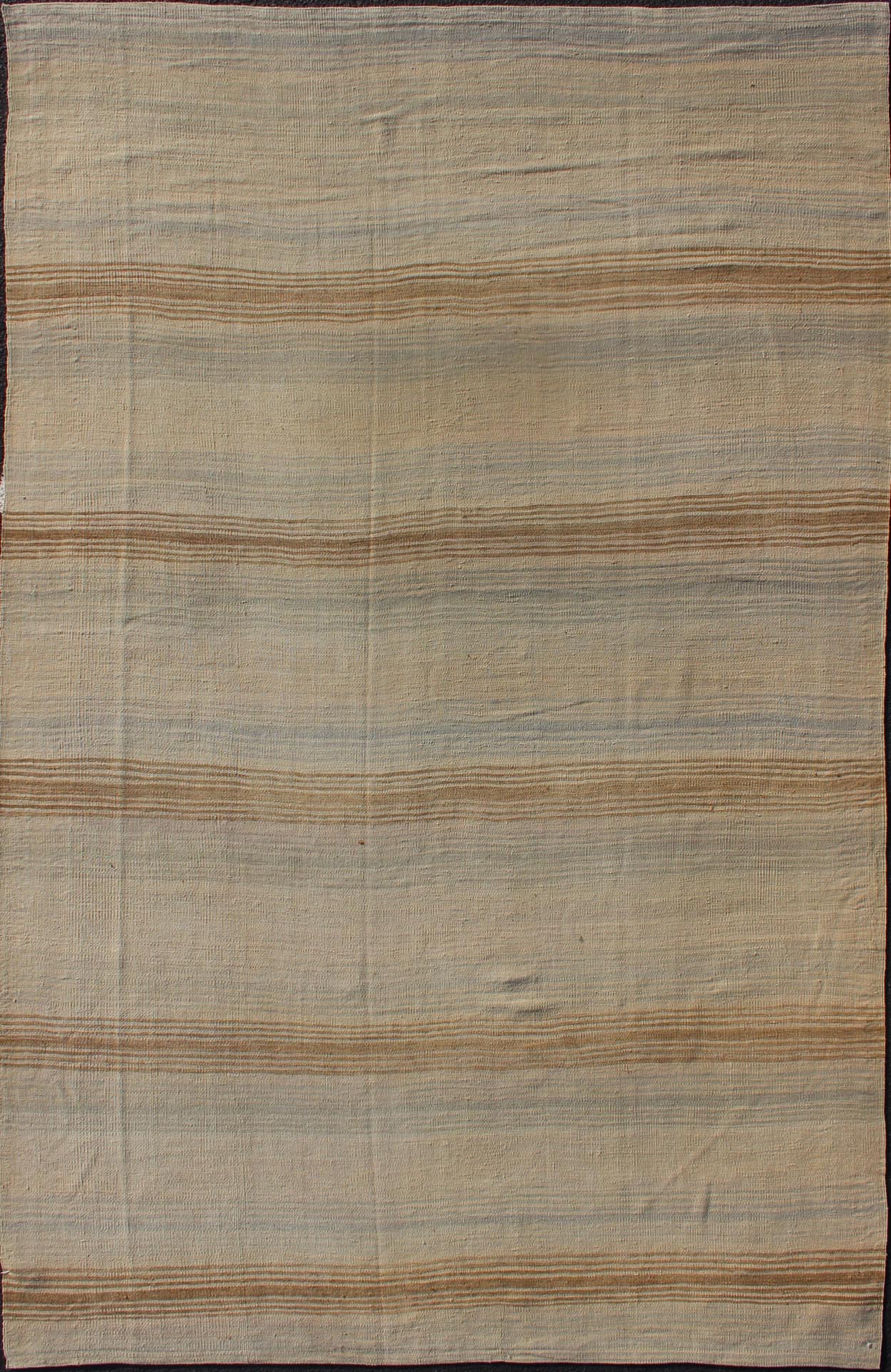 Turkish Vintage Kilim Rug with in Tan, Taupe, Brown, Gray Blue, and Earth Tones. Minimalist stripe design vintage Kilim from Turkey, rug EN - 179550, country of origin / type: Turkey / Kilim, circa 1950 This vintage flat - woven Kilim runner fea... - Keivan Woven ArtsEN - 179550 - 12407Rug