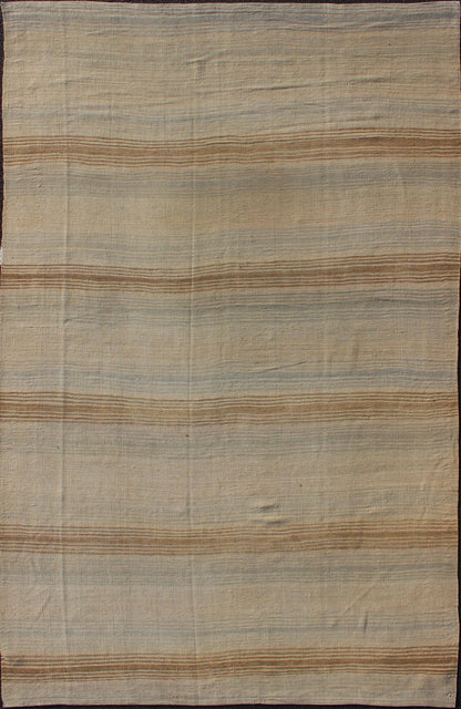 Turkish Vintage Kilim Rug with in Tan, Taupe, Brown, Gray Blue, and Earth Tones. Minimalist stripe design vintage Kilim from Turkey, rug EN - 179550, country of origin / type: Turkey / Kilim, circa 1950 This vintage flat - woven Kilim runner fea... - Keivan Woven ArtsEN - 179550 - 12407Rug