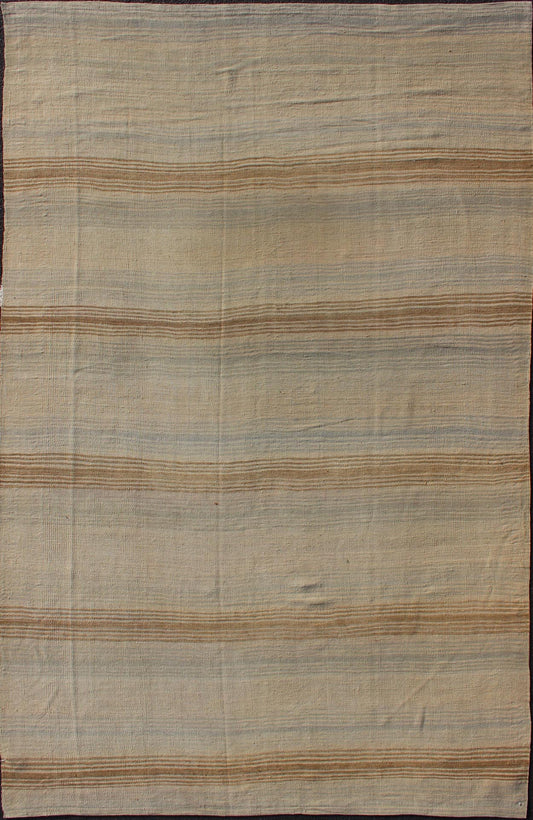 Turkish Vintage Kilim Rug with in Tan, Taupe, Brown, Gray Blue, and Earth Tones. Minimalist stripe design vintage Kilim from Turkey, rug EN - 179550, country of origin / type: Turkey / Kilim, circa 1950 This vintage flat - woven Kilim runner fea... - Keivan Woven ArtsEN - 179550 - 12407Rug