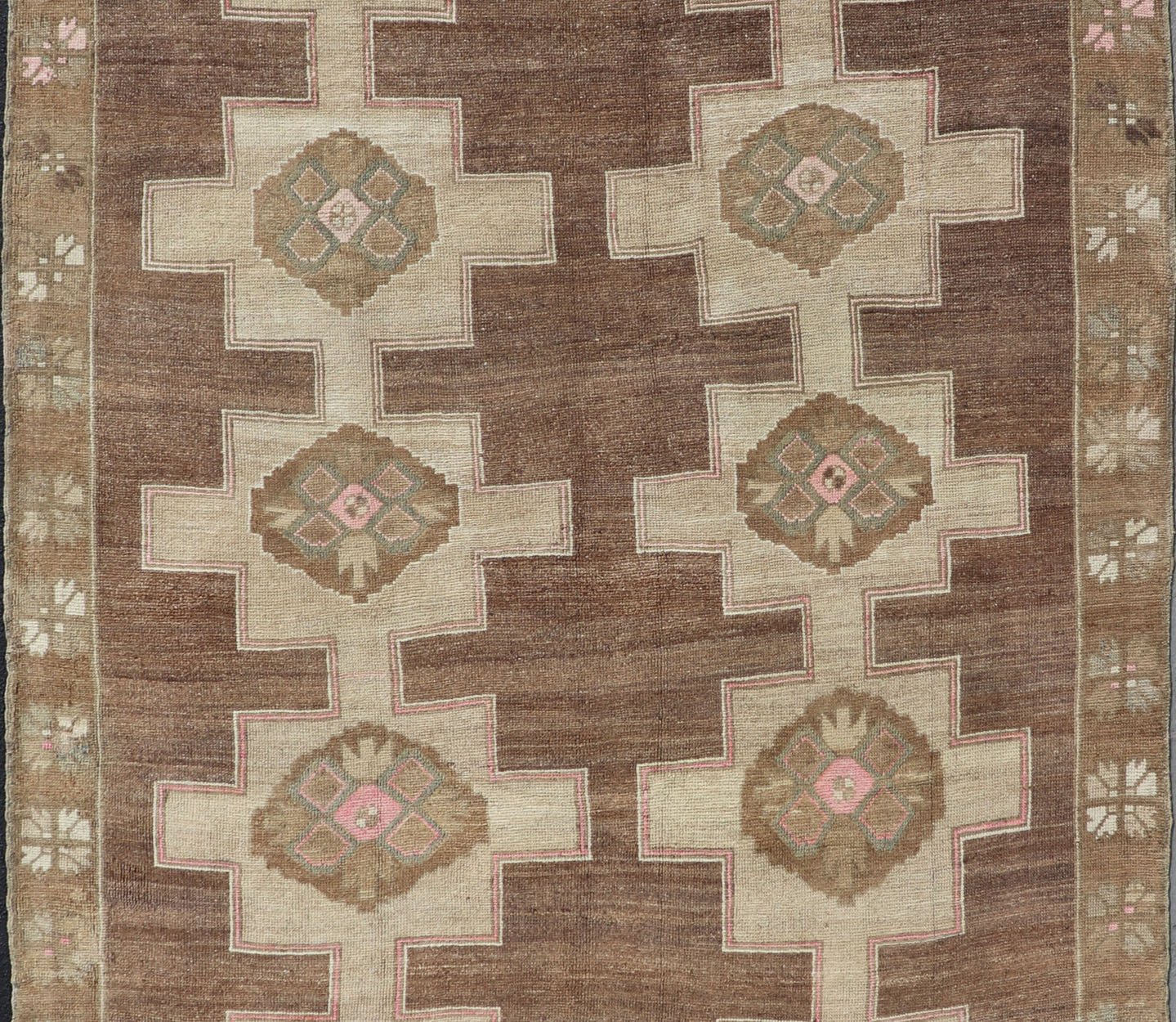 Vintage Kars Wide Gallery Rug in Brown Colors, Tan, Taupe and Light Green. Stacked in two rows of geometric medallions, this Vintage Turkish Kars wide gallery runner displays great geometry in chocolate Brown background with Colors such as Tan,... - Keivan Woven ArtsEN - 179569 - 14374Rug