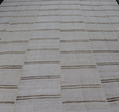 Large Vintage Paneled Kilim Flat - Weave Stripe in Neutral Tones of Cream & light Brown. Keivan Woven Arts /rug#EN - 179572, country of origin / type: Turkey / Kilim 1950's, Casual flat - weave Kilim Measures: 12'2 x 14'8 This beautiful Large... - Keivan Woven ArtsEN - 179572 - 15386Rug