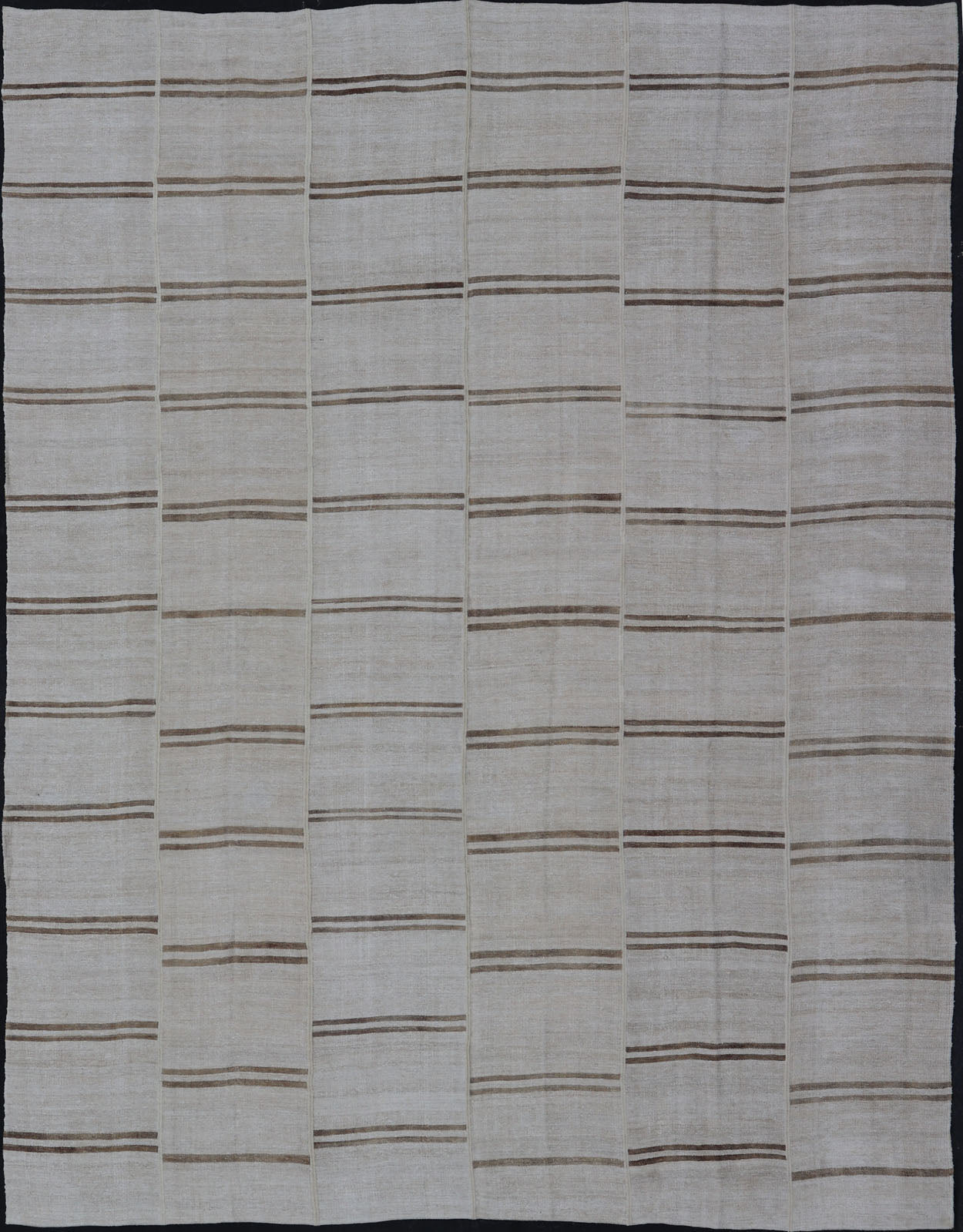 Large Vintage Paneled Kilim Flat - Weave Stripe in Neutral Tones of Cream & light Brown. Keivan Woven Arts /rug#EN - 179572, country of origin / type: Turkey / Kilim 1950's, Casual flat - weave Kilim Measures: 12'2 x 14'8 This beautiful Large... - Keivan Woven ArtsEN - 179572 - 15386Rug