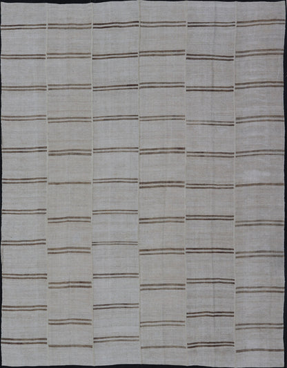 Large Vintage Paneled Kilim Flat - Weave Stripe in Neutral Tones of Cream & light Brown. Keivan Woven Arts /rug#EN - 179572, country of origin / type: Turkey / Kilim 1950's, Casual flat - weave Kilim Measures: 12'2 x 14'8 This beautiful Large... - Keivan Woven ArtsEN - 179572 - 15386Rug
