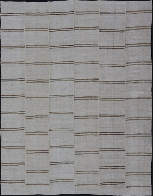 Large Vintage Paneled Kilim Flat - Weave Stripe in Neutral Tones of Cream & light Brown. Keivan Woven Arts /rug#EN - 179572, country of origin / type: Turkey / Kilim 1950's, Casual flat - weave Kilim Measures: 12'2 x 14'8 This beautiful Large... - Keivan Woven ArtsEN - 179572 - 15386Rug
