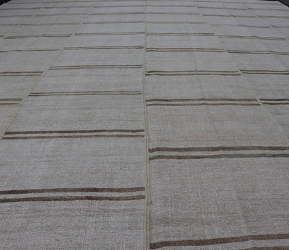 Large Vintage Paneled Kilim Flat - Weave Stripe in Neutral Tones of Cream & light Brown. Keivan Woven Arts /rug#EN - 179572, country of origin / type: Turkey / Kilim 1950's, Casual flat - weave Kilim Measures: 12'2 x 14'8 This beautiful Large... - Keivan Woven ArtsEN - 179572 - 15386Rug