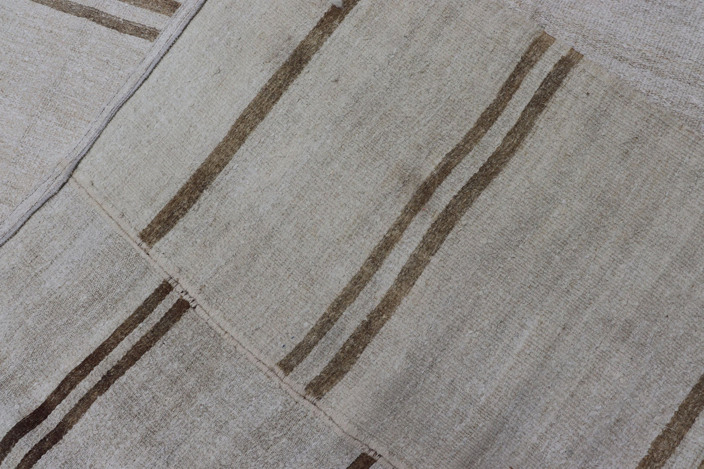 Large Vintage Paneled Kilim Flat - Weave Stripe in Neutral Tones of Cream & light Brown. Keivan Woven Arts /rug#EN - 179572, country of origin / type: Turkey / Kilim 1950's, Casual flat - weave Kilim Measures: 12'2 x 14'8 This beautiful Large... - Keivan Woven ArtsEN - 179572 - 15386Rug
