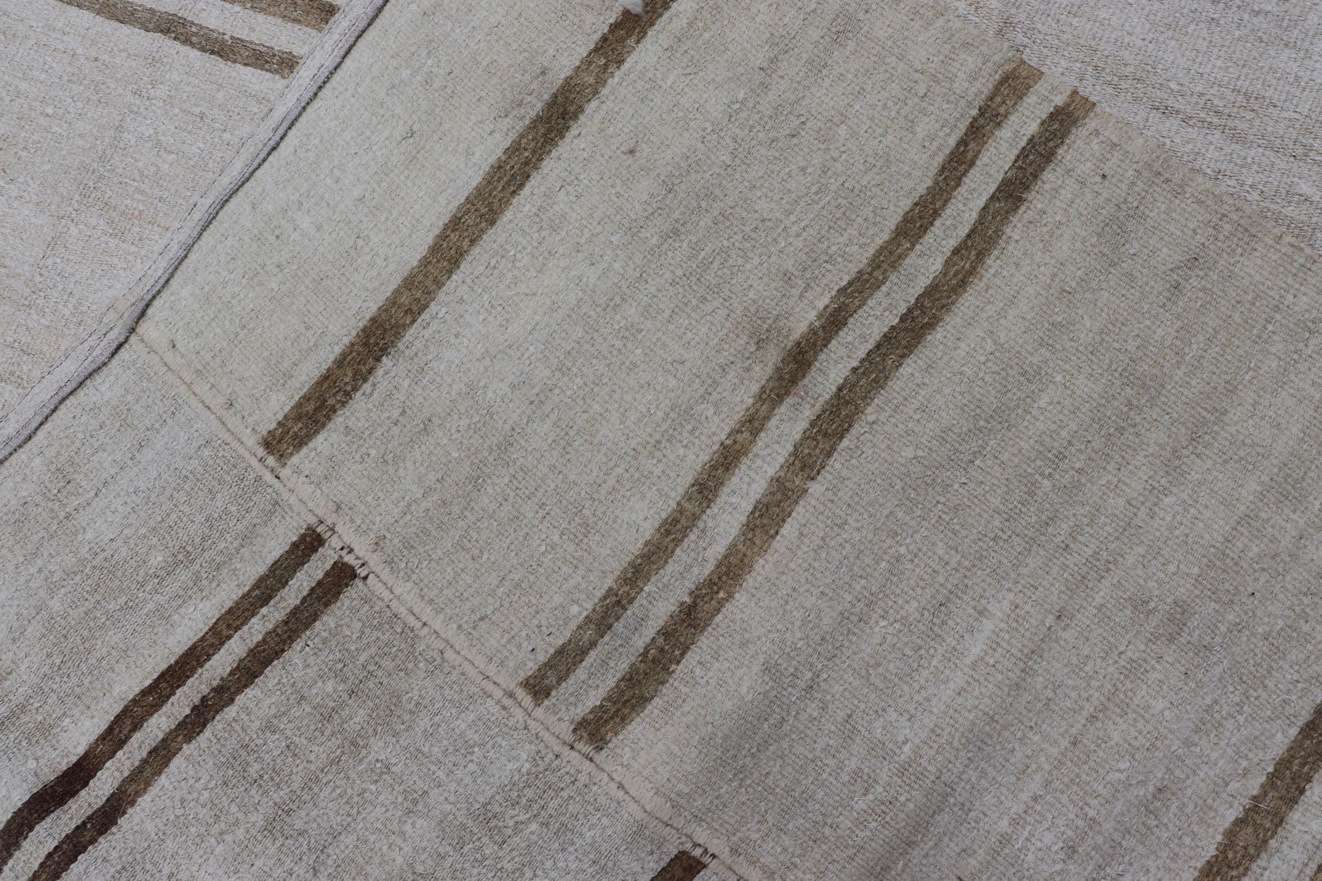 Large Vintage Paneled Kilim Flat - Weave Stripe in Neutral Tones of Cream & light Brown. Keivan Woven Arts /rug#EN - 179572, country of origin / type: Turkey / Kilim 1950's, Casual flat - weave Kilim Measures: 12'2 x 14'8 This beautiful Large... - Keivan Woven ArtsEN - 179572 - 15386Rug
