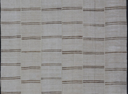 Large Vintage Paneled Kilim Flat - Weave Stripe in Neutral Tones of Cream & light Brown. Keivan Woven Arts /rug#EN - 179572, country of origin / type: Turkey / Kilim 1950's, Casual flat - weave Kilim Measures: 12'2 x 14'8 This beautiful Large... - Keivan Woven ArtsEN - 179572 - 15386Rug