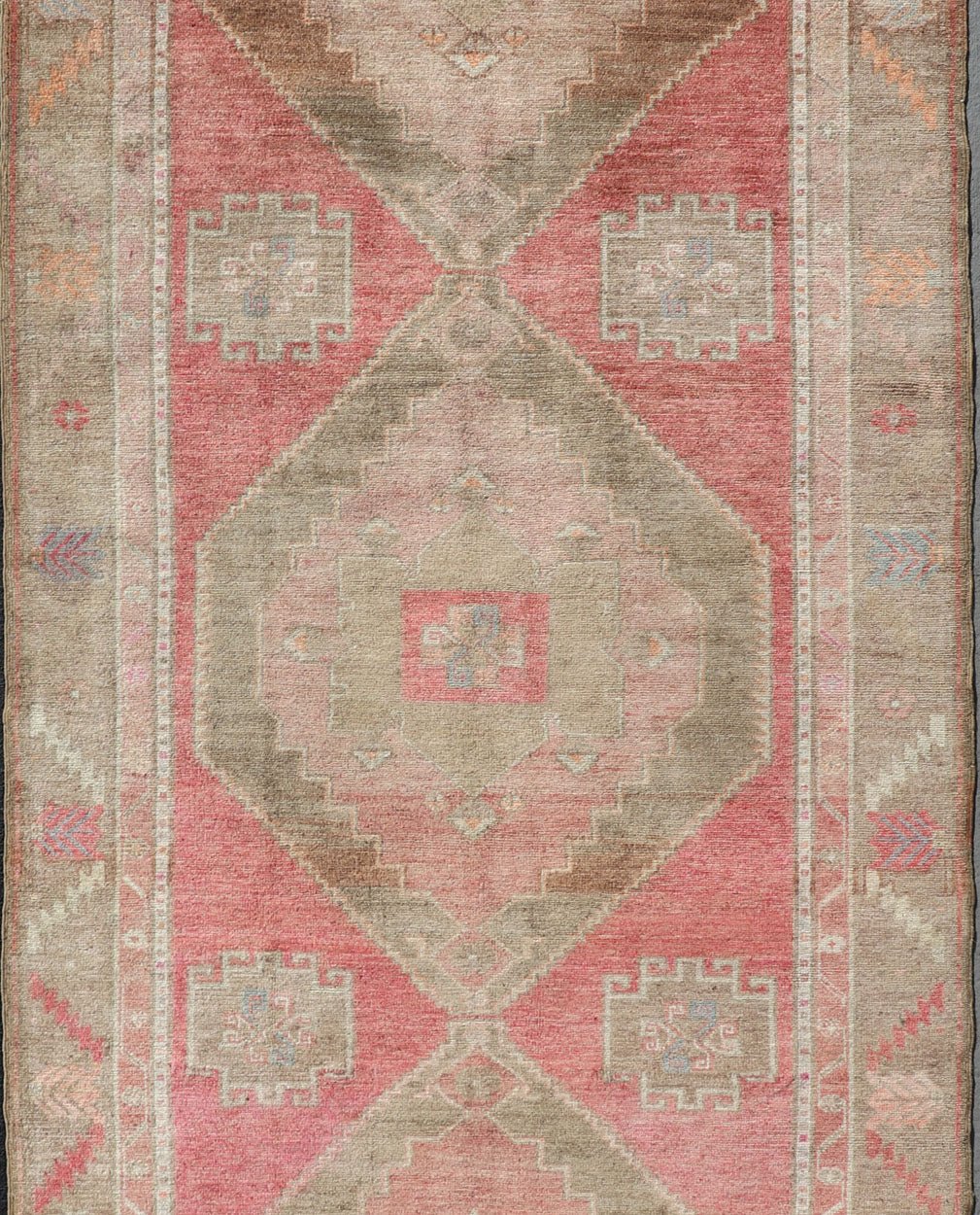 Long Gallery Turkish Vintage Runner with Medallion Design in Green, Pink. Vintage wide and long gallery runner from Turkey with geometric Medallion design in various tones of pink, coral, tan and variety of beautiful green colors, rug EN - 179586... - Keivan Woven ArtsEN - 179586 - 14378Rug