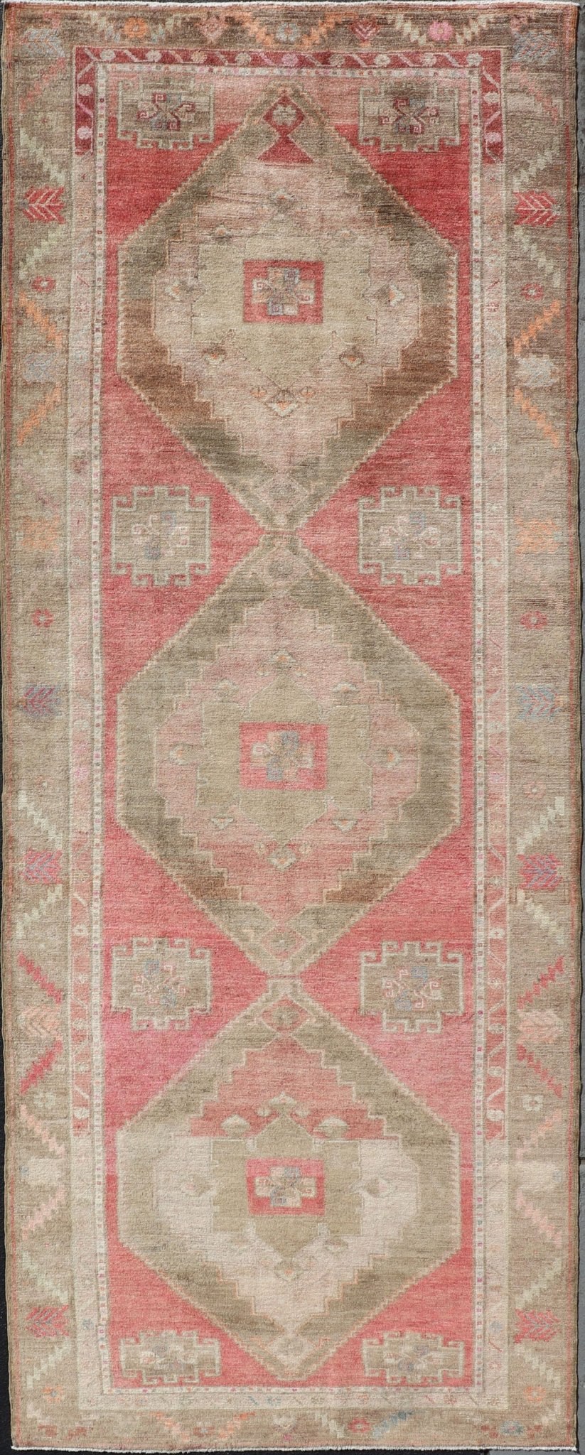 Long Gallery Turkish Vintage Runner with Medallion Design in Green, Pink. Vintage wide and long gallery runner from Turkey with geometric Medallion design in various tones of pink, coral, tan and variety of beautiful green colors, rug EN - 179586... - Keivan Woven ArtsEN - 179586 - 14378Rug