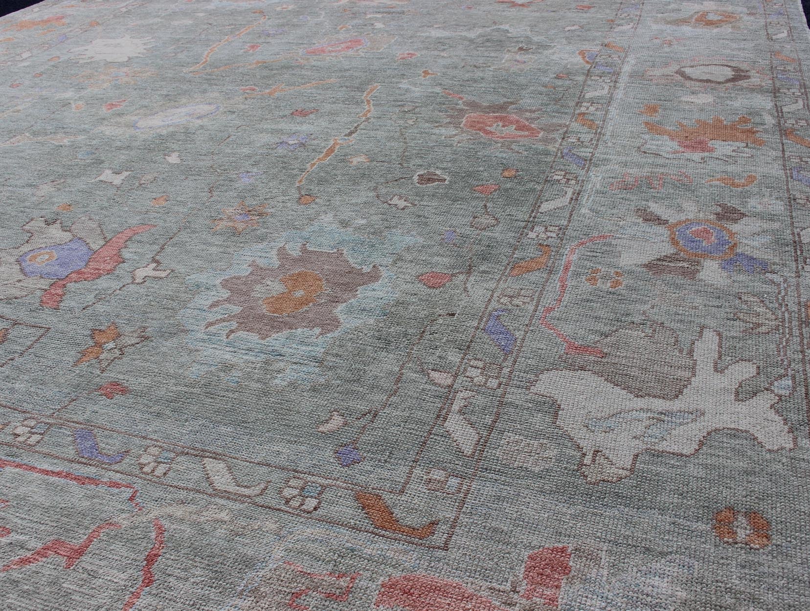 Large Turkish Oushak Reproduction Rug in Light Green made with Hand Spun Fine Wool Turkish Oushak rug with light green and multi - color palette, all - over floral design, Keivan Woven Arts/ rug EN - 179603, country of origin / type: Turkey / Oushak. Repr... - Keivan Woven ArtsEN - 179603 - 11891Rug