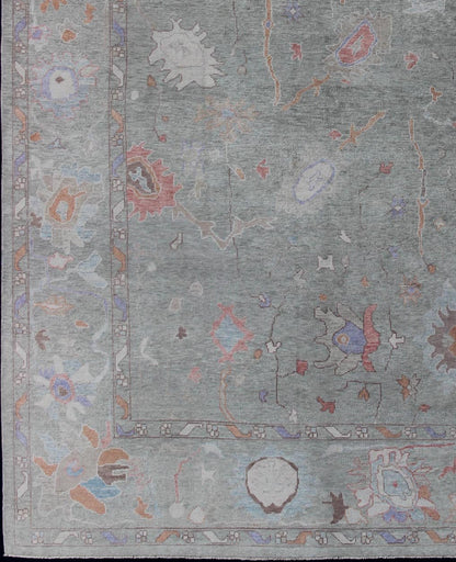 Large Turkish Oushak Reproduction Rug in Light Green made with Hand Spun Fine Wool Turkish Oushak rug with light green and multi - color palette, all - over floral design, Keivan Woven Arts/ rug EN - 179603, country of origin / type: Turkey / Oushak. Repr... - Keivan Woven ArtsEN - 179603 - 11891Rug