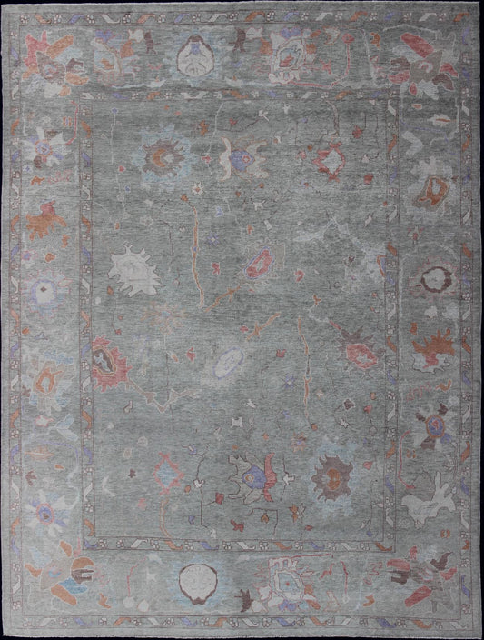 Large Turkish Oushak Reproduction Rug in Light Green made with Hand Spun Fine Wool Turkish Oushak rug with light green and multi - color palette, all - over floral design, Keivan Woven Arts/ rug EN - 179603, country of origin / type: Turkey / Oushak. Repr... - Keivan Woven ArtsEN - 179603 - 11891Rug