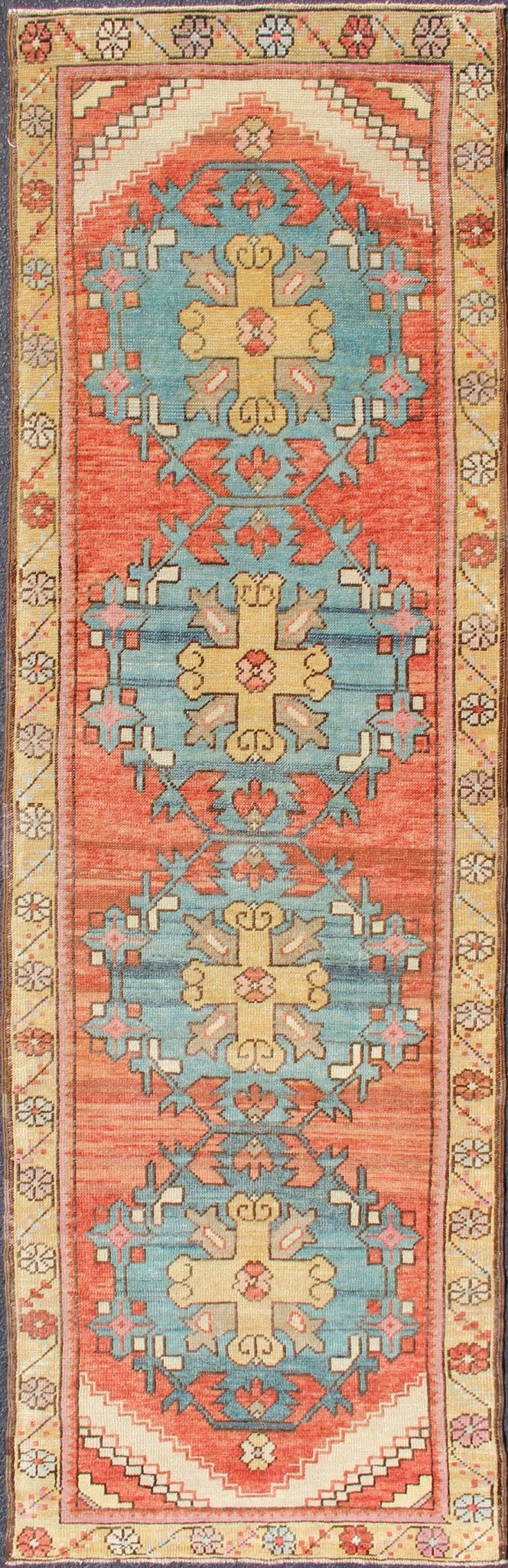 Colorful Antique Oushak Runner with Medallion Design in Terracotta, yellow & teal Blue. Colorful Turkish antique Oushak runner in Terracotta, Yellow & teal Blue , rug EN - 179659, country of origin / type: Turkey / Oushak, circa 1930. This ... - Keivan Woven ArtsEN - 179659 - 11749Rug