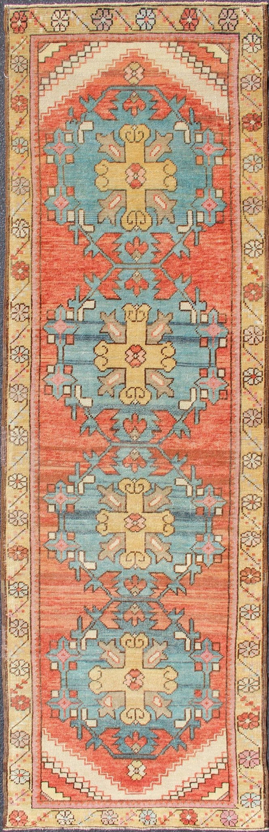 Colorful Antique Oushak Runner with Medallion Design in Terracotta, yellow & teal Blue. Colorful Turkish antique Oushak runner in Terracotta, Yellow & teal Blue , rug EN - 179659, country of origin / type: Turkey / Oushak, circa 1930. This ... - Keivan Woven ArtsEN - 179659 - 11749Rug