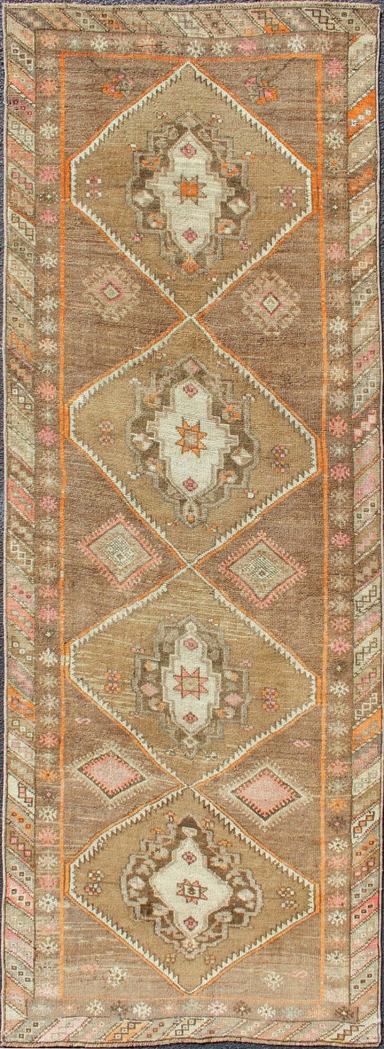 Vintage Turkish Oushak Runner with Tribal Medallions in Earthy Tones Vintage Turkish Oushak runner with floral medallions, Keivan Woven Arts / rug en - 140350, country of origin / type: Turkey / Oushak, circa 1940. This vintage Oushak runn... - Keivan Woven ArtsEN - 179660 - 12363Rug