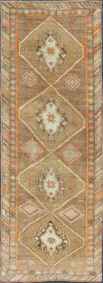 Vintage Turkish Oushak Runner with Tribal Medallions in Earthy Tones Vintage Turkish Oushak runner with floral medallions, Keivan Woven Arts / rug en - 140350, country of origin / type: Turkey / Oushak, circa 1940. This vintage Oushak runn... - Keivan Woven ArtsEN - 179660 - 12363Rug