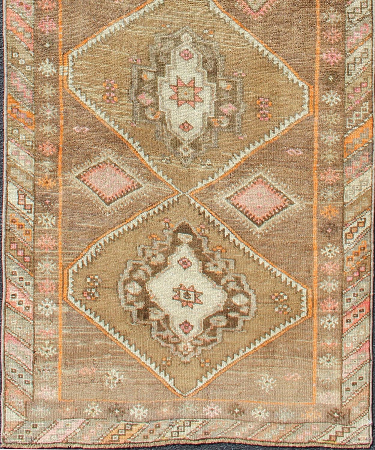 Vintage Turkish Oushak Runner with Tribal Medallions in Earthy Tones Vintage Turkish Oushak runner with floral medallions, Keivan Woven Arts / rug en - 140350, country of origin / type: Turkey / Oushak, circa 1940. This vintage Oushak runn... - Keivan Woven ArtsEN - 179660 - 12363Rug