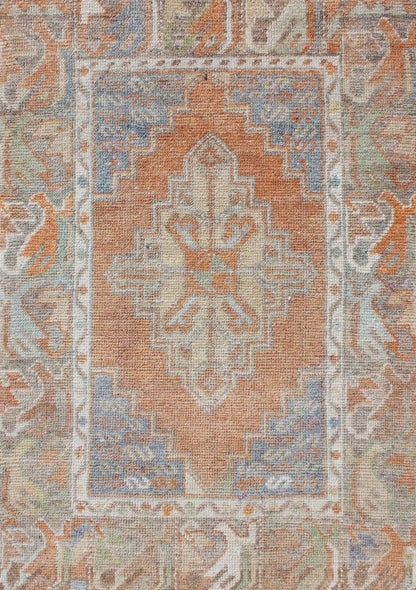 Turkish Oushak Vintage Small Carpet in Light Orange and light Blue & L.Green. Vintage Oushak small carpet from Turkey in Light Orange and light Blue & L.Green, rug EN - 179663, country of origin / type: Turkey / Oushak, circa 1950 Keivan Woven Arts ... - Keivan Woven ArtsEN - 179663 - 11839Rug