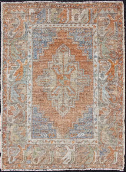 Turkish Oushak Vintage Small Carpet in Light Orange and light Blue & L.Green. Vintage Oushak small carpet from Turkey in Light Orange and light Blue & L.Green, rug EN - 179663, country of origin / type: Turkey / Oushak, circa 1950 Keivan Woven Arts ... - Keivan Woven ArtsEN - 179663 - 11839Rug