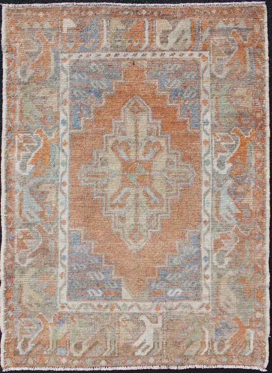 Turkish Oushak Vintage Small Carpet in Light Orange and light Blue & L.Green. Vintage Oushak small carpet from Turkey in Light Orange and light Blue & L.Green, rug EN - 179663, country of origin / type: Turkey / Oushak, circa 1950 Keivan Woven Arts ... - Keivan Woven ArtsEN - 179663 - 11839Rug