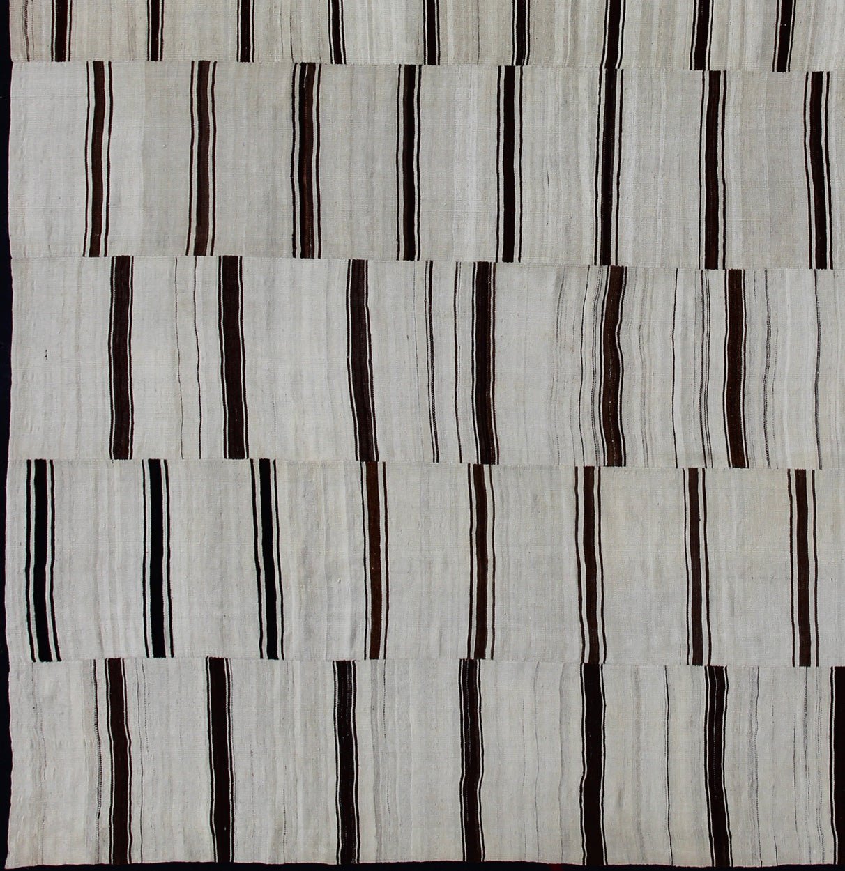Large Vintage Turkish Kilim Rug With Vertical Stripes in Cream and Brown Stripes Measures: 13' x 17' Flat - weave Kilim vintage rug from Turkey with vertical stripes in brown and cream. Keivan Woven Arts / Rug EN - 179664, country of origin /... - Keivan Woven ArtsEN - 179664 - 12799Rug