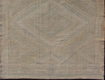 Tan and Light Blue Vintage Turkish Kilim Embroidered Rug With Geometric Diamond Design Embroidered vintage Kilim rug from Turkey in shades of tan, light blue and light yellow with geometric pattern. Keivan Woven Arts / rug EN - 179665, country... - Keivan Woven ArtsEN - 179665 - 12419Rug