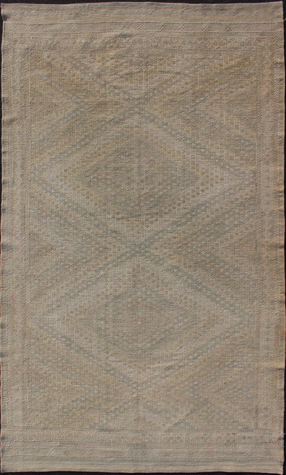 Tan and Light Blue Vintage Turkish Kilim Embroidered Rug With Geometric Diamond Design Embroidered vintage Kilim rug from Turkey in shades of tan, light blue and light yellow with geometric pattern. Keivan Woven Arts / rug EN - 179665, country... - Keivan Woven ArtsEN - 179665 - 12419Rug
