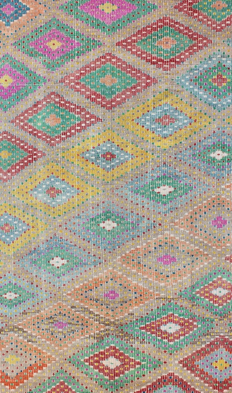 Colorful Turkish Embroidered Kilim Vintage Rug in Diamond Design & Vivid Colors. Diamond design Turkish embroidered Kilim vintage rug in Vivid colors Colorful flat - woven embroidered Kilim rug from Turkey, rug en - 179666, country of origin / ty... - Keivan Woven ArtsEN - 179666 - 11753Rug
