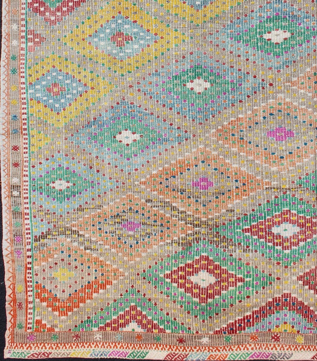 Colorful Turkish Embroidered Kilim Vintage Rug in Diamond Design & Vivid Colors. Diamond design Turkish embroidered Kilim vintage rug in Vivid colors Colorful flat - woven embroidered Kilim rug from Turkey, rug en - 179666, country of origin / ty... - Keivan Woven ArtsEN - 179666 - 11753Rug