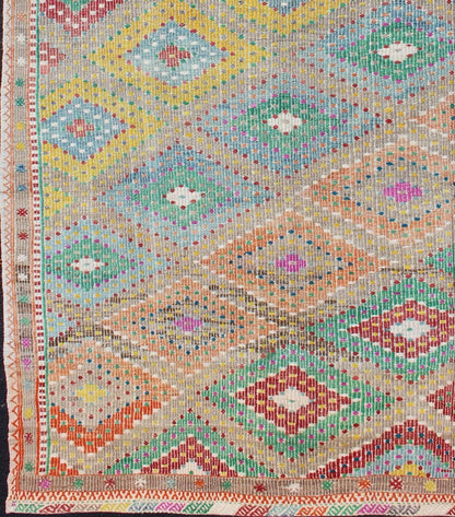 Colorful Turkish Embroidered Kilim Vintage Rug in Diamond Design & Vivid Colors. Diamond design Turkish embroidered Kilim vintage rug in Vivid colors Colorful flat - woven embroidered Kilim rug from Turkey, rug en - 179666, country of origin / ty... - Keivan Woven ArtsEN - 179666 - 11753Rug