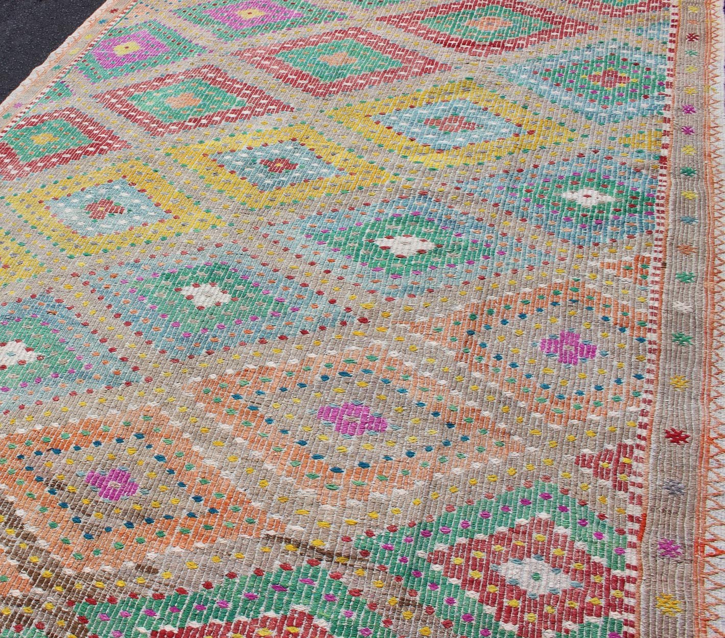 Colorful Turkish Embroidered Kilim Vintage Rug in Diamond Design & Vivid Colors. Diamond design Turkish embroidered Kilim vintage rug in Vivid colors Colorful flat - woven embroidered Kilim rug from Turkey, rug en - 179666, country of origin / ty... - Keivan Woven ArtsEN - 179666 - 11753Rug