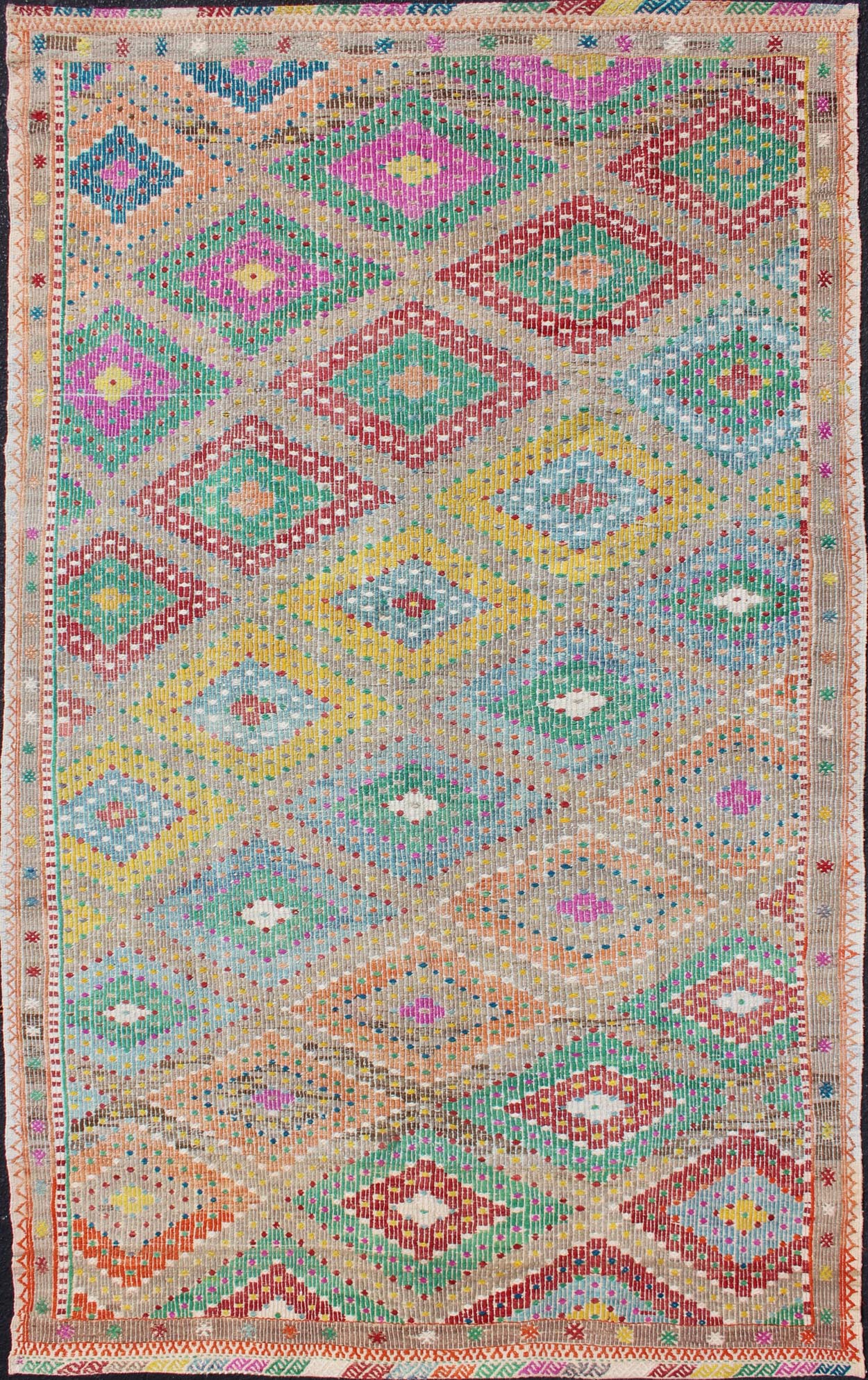 Colorful Turkish Embroidered Kilim Vintage Rug in Diamond Design & Vivid Colors. Diamond design Turkish embroidered Kilim vintage rug in Vivid colors Colorful flat - woven embroidered Kilim rug from Turkey, rug en - 179666, country of origin / ty... - Keivan Woven ArtsEN - 179666 - 11753Rug