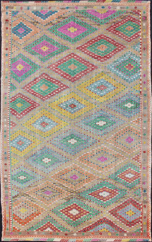 Colorful Turkish Embroidered Kilim Vintage Rug in Diamond Design & Vivid Colors. Diamond design Turkish embroidered Kilim vintage rug in Vivid colors Colorful flat - woven embroidered Kilim rug from Turkey, rug en - 179666, country of origin / ty... - Keivan Woven ArtsEN - 179666 - 11753Rug