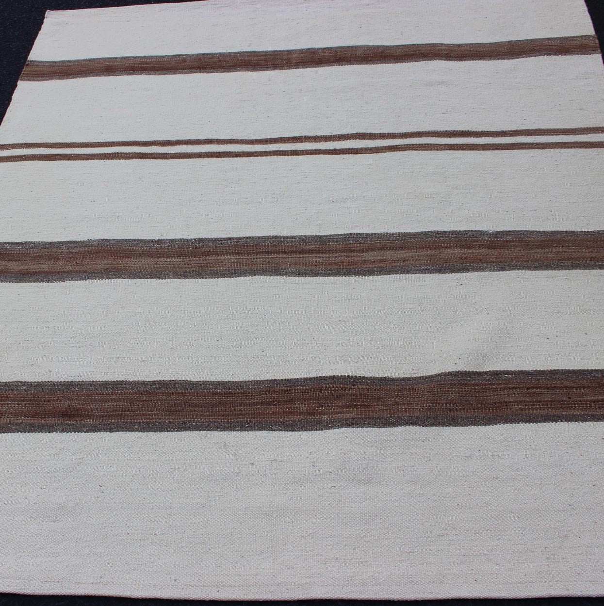 Square size Turkish Vintage Kilim Flat - Weave Rug in Brown and off white with Stripe Design. Keivan Woven Arts / rug EN - 179669, country of origin / type: Turkey / Kilim, circa 1950 Measures: 4'2 x 4'7 This vintage striped design Turkish K... - Keivan Woven ArtsEN - 179669 - 11843Rug