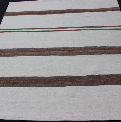 Square size Turkish Vintage Kilim Flat - Weave Rug in Brown and off white with Stripe Design. Keivan Woven Arts / rug EN - 179669, country of origin / type: Turkey / Kilim, circa 1950 Measures: 4'2 x 4'7 This vintage striped design Turkish K... - Keivan Woven ArtsEN - 179669 - 11843Rug