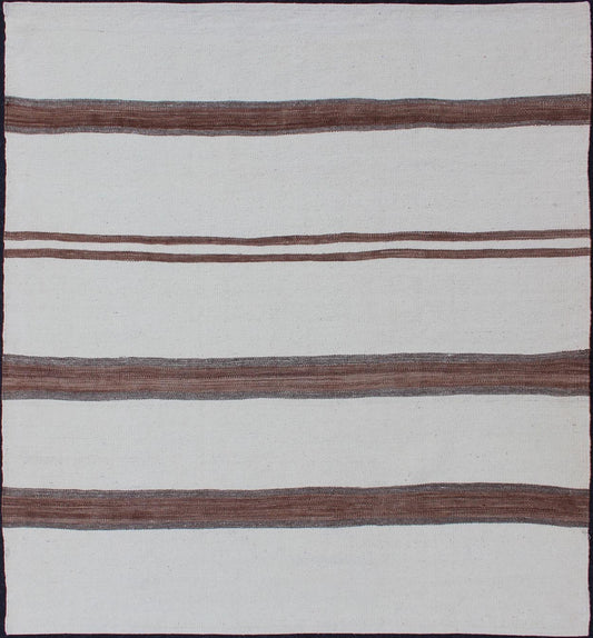 Square size Turkish Vintage Kilim Flat - Weave Rug in Brown and off white with Stripe Design. Keivan Woven Arts / rug EN - 179669, country of origin / type: Turkey / Kilim, circa 1950 Measures: 4'2 x 4'7 This vintage striped design Turkish K... - Keivan Woven ArtsEN - 179669 - 11843Rug